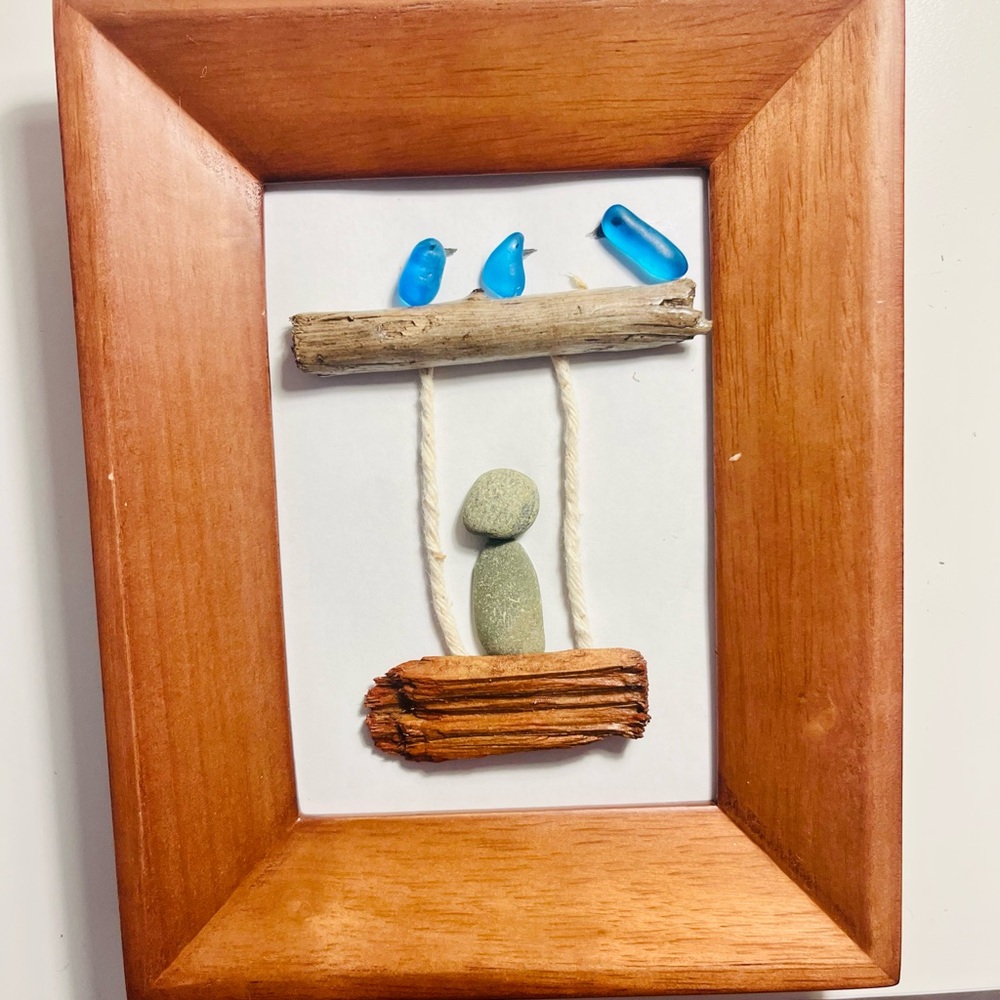Natural Wood Frame with Blue and Green Stone Art